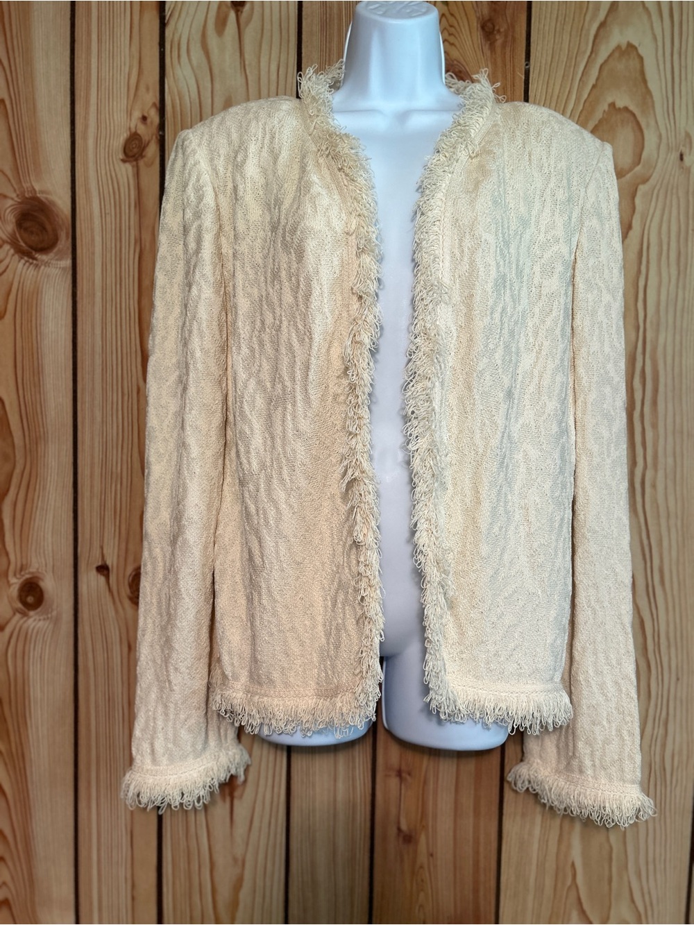 Vintage St. John Cardigan Cream Fringe-Trim Open Front Jacket size 16 long Slv